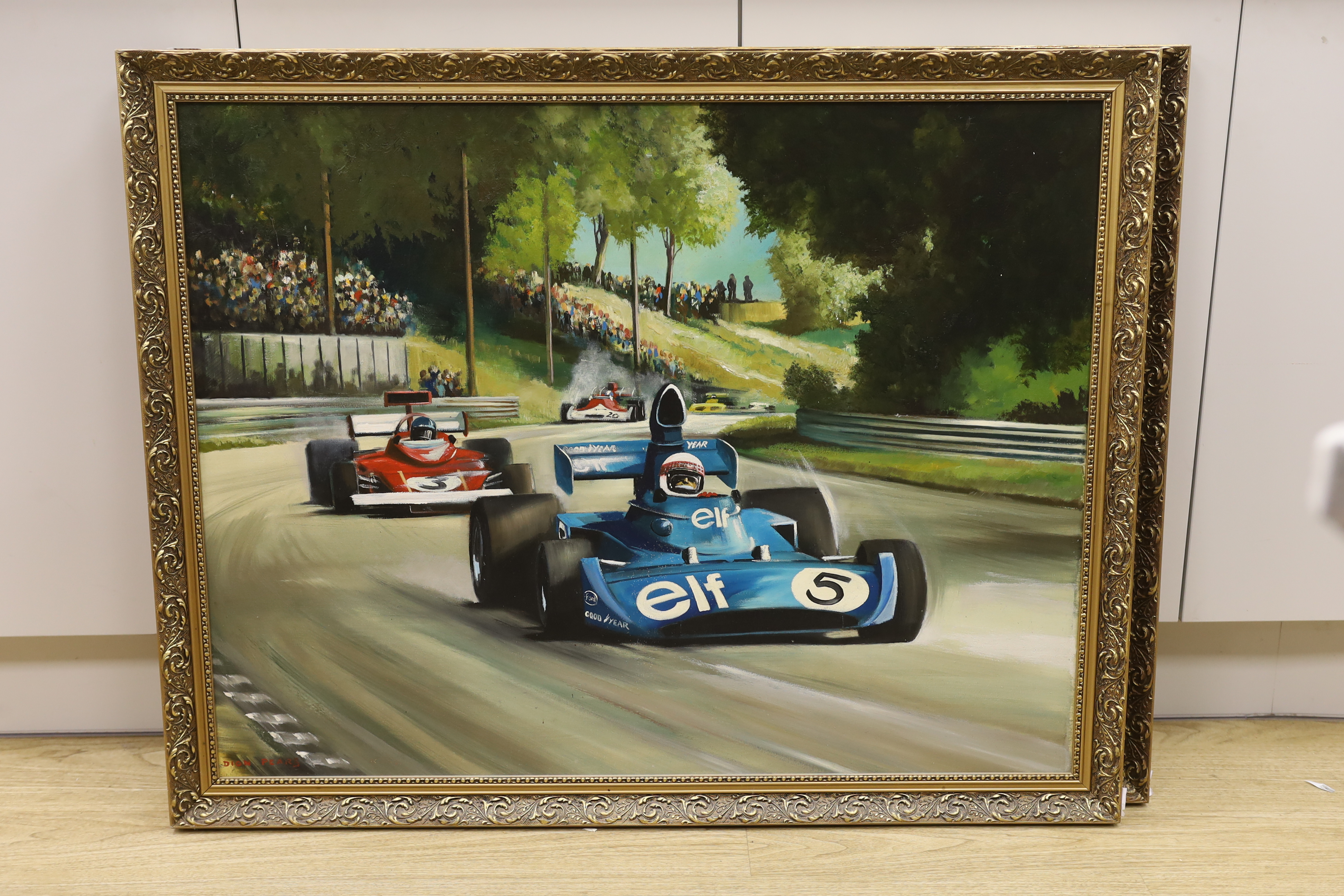 Dion Pears (1929-1985), oil on board, 'Formula 1 racing scene', signed, 69 x 90cm